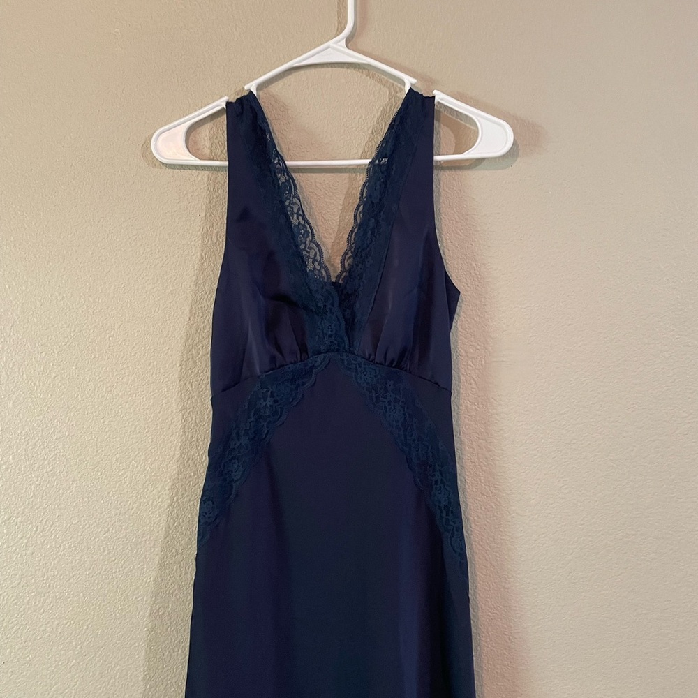 Navy Lace-Trim V-Neck Wedding Guest Dress